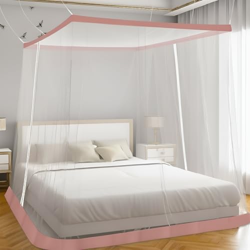 Image of LifeKrafts Bed Mosquito Net - Super King Size Polyester Machardani (7ft x 7ft,Elegant White with Pink Border) | Double Zipper Entry | Washable & Durable Net for Peaceful Sleep