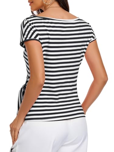 Image of HOTIAN Womens Cap Sleeve T Shirts 2026 Tie Waist Wrap Tops Crew Neck Blouses Dressy Casual Loose Work Business Dressy