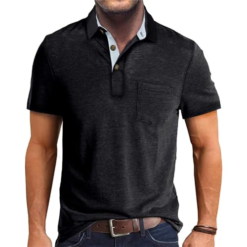 Image of Men's Short Sleeve Polo Shirts Buttons Collared T Shirts with Pocket