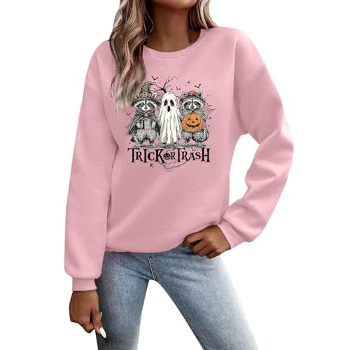 Sweat-shirt d'Halloween pour femme avec motif « Trick or Trash » - Pull décontracté avec ratons laveurs - T-shirt amusant à col rond pour la saison...