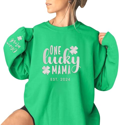 Lucky Mama St.Patrick's Day Sweatshirt, St Patricks Day shirt for Women, Custom EMBROIDERED Shamrock with kids Name On Sleeve Shirt, Women's St. Patrick's Day Green Hoodie