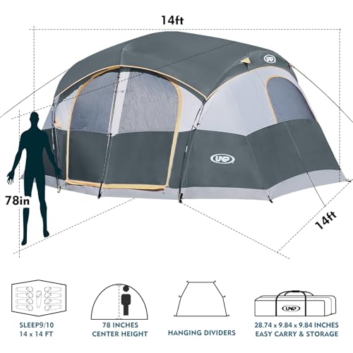 UNP Camping Tent 8/9 Person, Family Camping Tent, 5 Large Ventilation Mesh Windows, 14'x14'x78 inches Tall with Dividers Curtain for 2 Room - Image 3