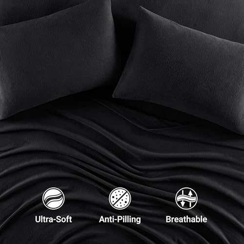 Image of True North by Sleep Philosophy Micro Fleece Bed Sheet Set, Warm, Sheets with 14 inch Deep Pocket, for Cold Season Cozy Sheet-Set, Matching Pillow Case, Cal King, Black, 4 Piece