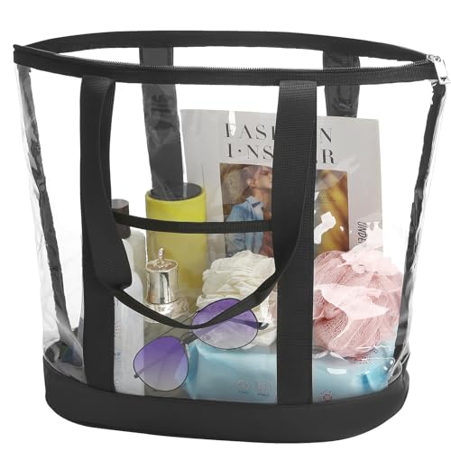 HAOGUAGUA Extra Large Clear Cosmetic Toiletry Makeup Travel Bag, Waterproof Transparent Plastic PVC Tote Shoulder Bag with Handles (BLACK)