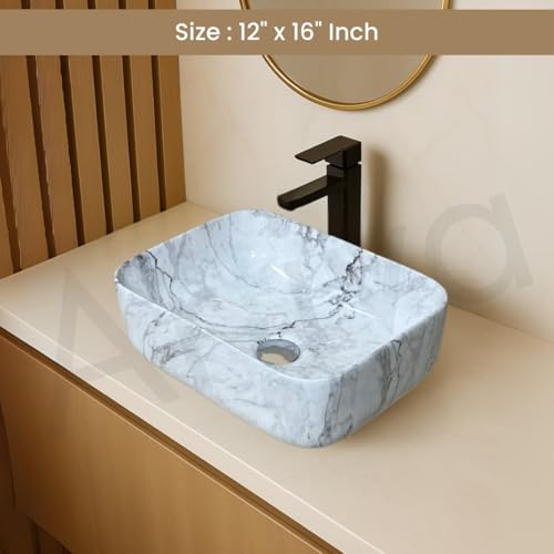 Image of Artiva Ceramic Wash Basin /Tabletop Washbasin For Bathroom,12 inchx16 inch /Small Countetop Bathroom Basin /Table Top Basin For Home,Office,Hotel /Rectangle Glossy Sink (Statuario-White,12x16 Inch)