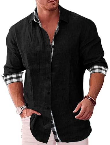 Elainone Hombres Camisa de Manga Larga Lino Algodón Casual Suelta, Mens Long Sleeve Cotton Linen Shirts Loose Fit, Negro XL