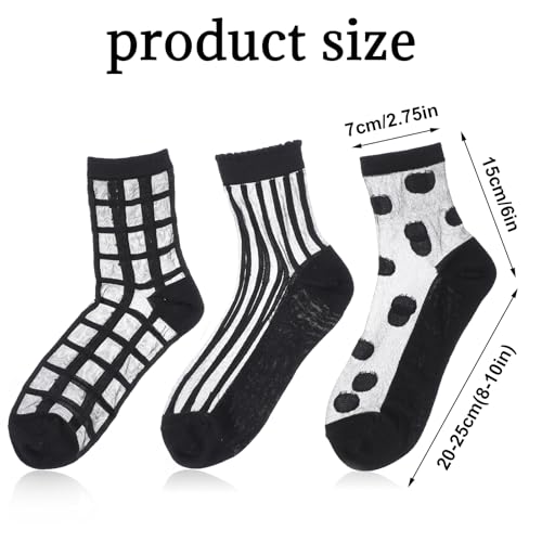 Image of Telooco 3 Pairs Women Sheer Socks Nylon Ankle Socks Black See Through Socks Dots Stripes Geometric Breathable Thin Stockings Transparent Tulle Socks for Women