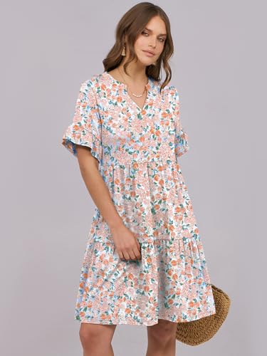 Image of ANRABESS Women's Summer Casual Dress, V-Neck Ruffle Sleeve Tiered Mini Dress, Soft Comfy Fabric with Pockets for All-Day Wear