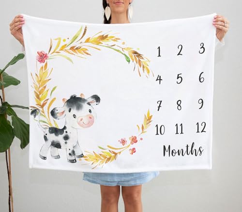 Image of Yuzioey Cow Milestone Blanket, Farm Animals Baby Growth Chart Monthly Blanket, Watch Me Grow Cow Baby Nursery for New Moms Shower(50 inchx40 inch)