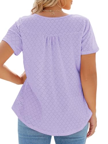 Image of VISLILY Womens-Plus-Size-Summer-Tops Buttons Up Henley Shirts Flowy Pleated Tunics Trendy Eyelet Short Sleeve Blouses