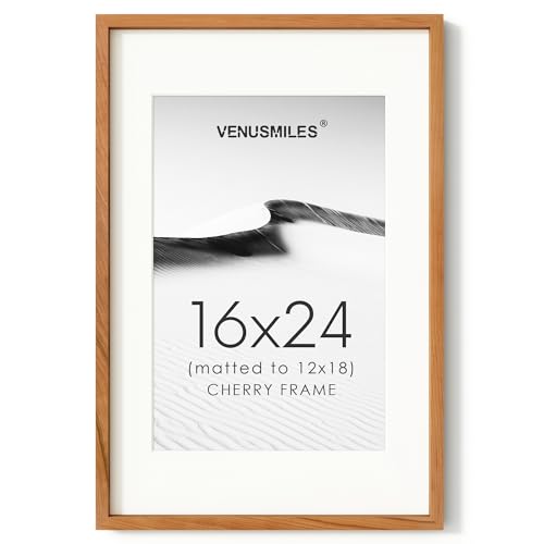 Image of 16x24 Poster Frame, USA-Sourced Natural Cherry Wood Picture Collage Frame with HD Tempered Glass, Modern Simple 16 x 24 Wooden Photo Frame Matted to 12x18, Vertical & Horizontal Wall Hanging Display