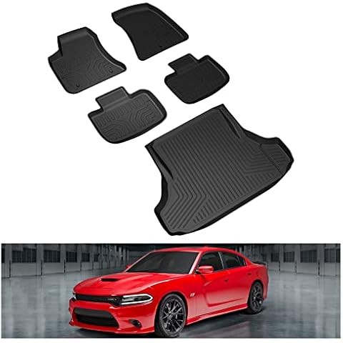 KIWI MASTER Floor Mats & Cargo Liner for 2011-2023 Dodge Charger RWD/Chrysler 300 RWD All Weather Mat Custom Fit Front & Rear 2 Row Seat Trunk Tray TPE Slush Liners Set Black Cover