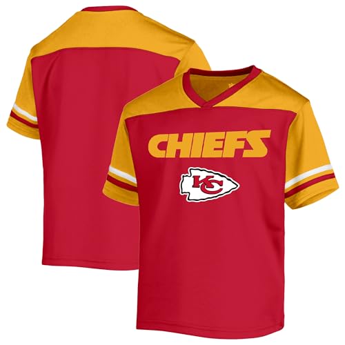 NFL Kids Youth 8-20 Officially Licensed Team Color Wordmark Primary Logo Victory Stripe V-Neck Jersey T-Shirt (Kansas City Chiefs Red 10-12)