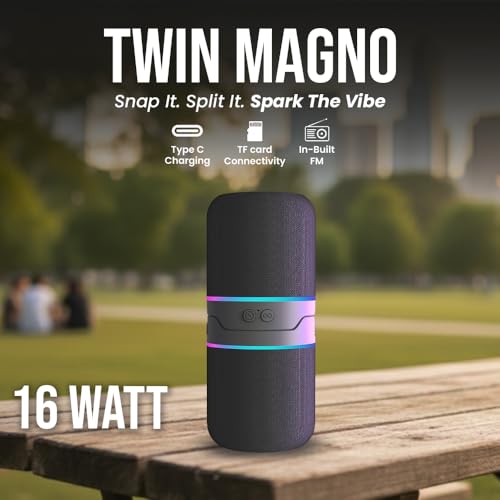 Image of Toreto Twin Magno Magnetic Wireless Bluetooth Speaker 16W | Detachable Dual Speakers, RGB Lights, 6H Playtime, TWS Stereo Mode, Type-C Charging | Portable Wireless Speaker (Black)