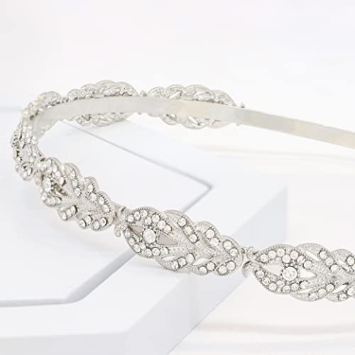 Oriamour Flower Design Rhinestone Crystal Wedding Headband Bridal Headpieces Simple Design Bridal Headband (Silver)4