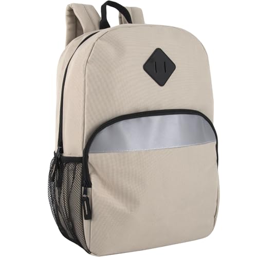 Trail maker 17" Backpack – Reflective School Backpack with Padded Straps, Water Bottle Pockets for Kids & Adults, School Travel Camp (Khaki)