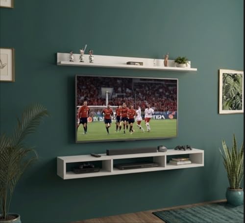 Image of Bros Moon Engineered Wood, Wall Mounted TV Cabinet, Frosty White, Modern Style, Laminated Finish, for Living Room, Suits TV up to 55 Inches (Frosty White, Parallel Roof Top 48 Inches)