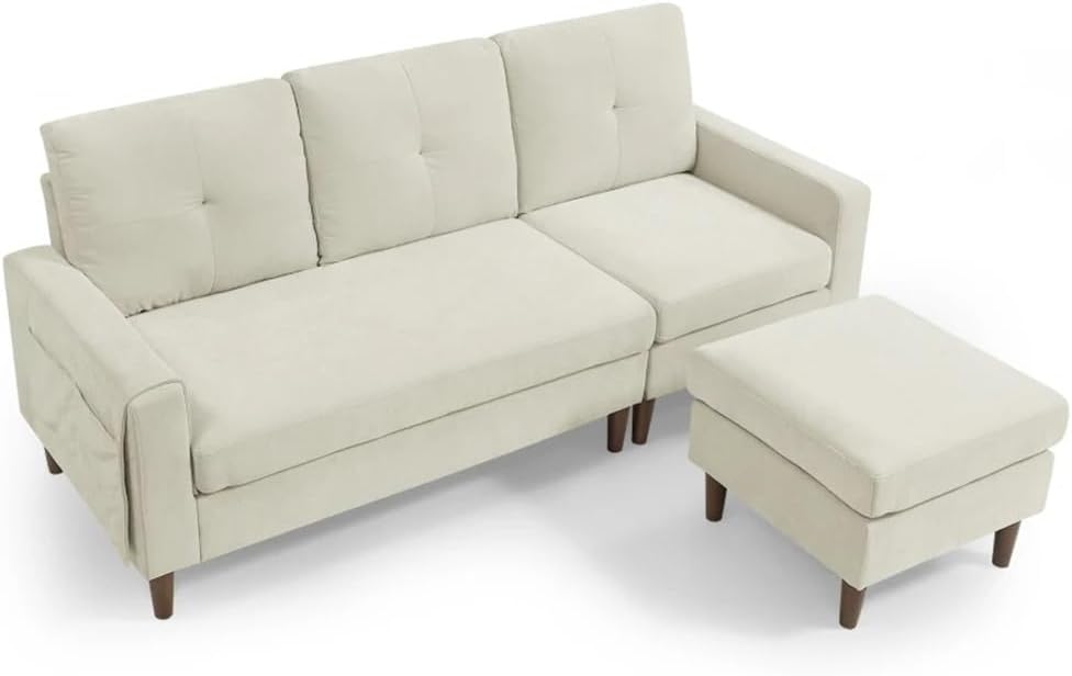 80”Sectional Sofa,Convertible 3 Seats L-Shape with Removable Cushions,Pocket & Rubber Wood Legs,Beige Chenille