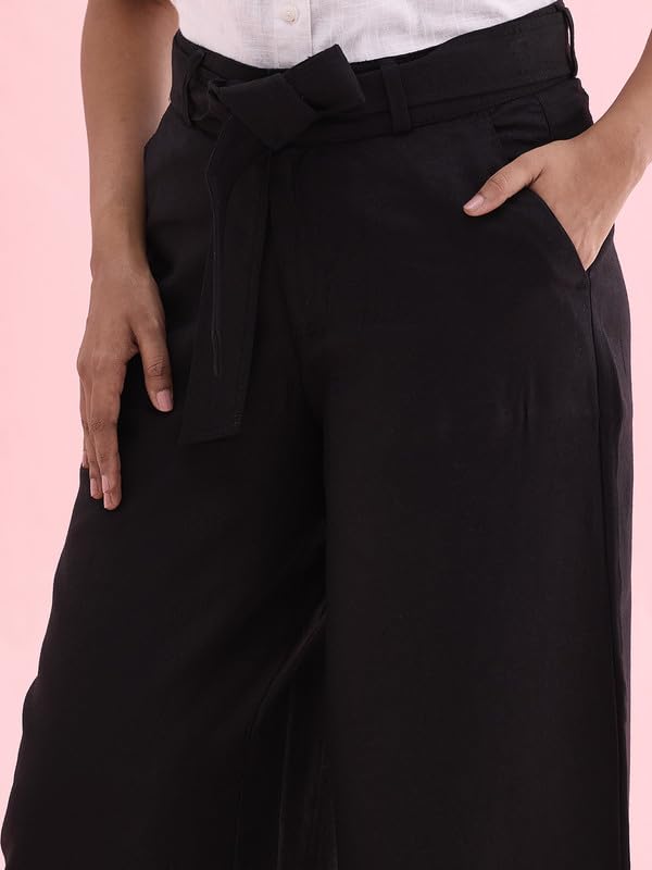 Image of GO COLORS Solid Linen Culottes for Women | High Rise, Side Pockets, Front tie-up