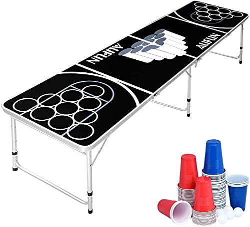 NW Beer Pong Set de table pliable avec 100 gobelets (50 rouges et 50 bleues), 5 balles, table à bière pong réglable en hauteur en jeux de lancer pour les...