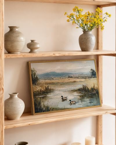 Image of ARPEOTCY Vintage Framed Canvas Wall Art, 12x16inch, Farmhouse Mallard Duck Pond Wall Decor, Country Art Prints Home Decorations, Landscape Paintings for Living Room Bedroom Shelf Decor