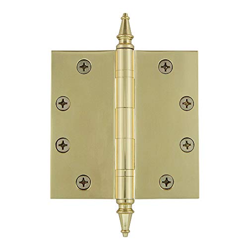 Image of Nostalgic Warehouse 746108 4.5 inch Steeple Tip Heavy Duty Square Corners Door Hinge, Polished Brass
