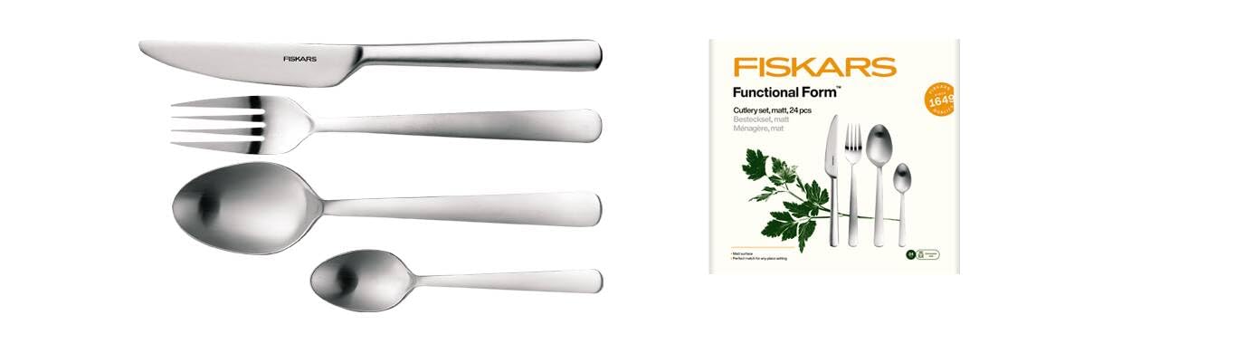 Fiskars Besteck-Set, 24-teilig, Functional Form, 6 Messer, 6 Gabeln | 6 Löffel und 6 Teelöffel, Edelstahl 18/10, Silber/Matt, Geschenkbox, 1071624