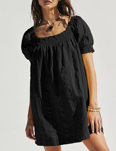 Image of Huaqiao Womens Summer Mini Dress 2026 A-Line Square Neck Puff Sleeve Beach Sundress Casual Short Dress with Pockets