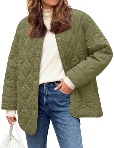 Flygo Women's Oversized Quilted Lightweight Jacket Button Down Puffer Padded Outerwear with Pocket(Green-M)