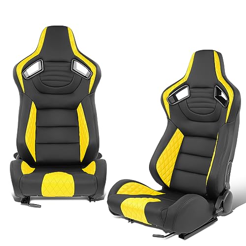 DNA MOTORING Universal Reclinable Racing Seats with Bottom Mount Sliders,21" W X 22" D X 38" H,Black/Yellow,RS-JBR-003-YE