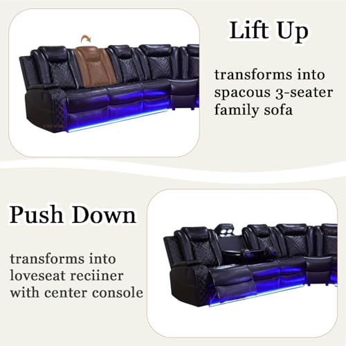 Image of Power Reclining Sectional Sofa Set with LED Light, Leather Sectional Couches, Living Room Furniture Sets, Modern Power Recliner Sofa Sets with 3 Recliner Seater, Couches for Living Room