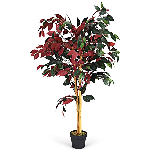 COSTWAY Plantas Artificiales Decorativas, Ficus Artificial con Troncos Naturales, Flores Artificiales Decoración con 504 Hojas Rojas y Verdes para Oficina Hogar Decoración Interior, 120 cm
