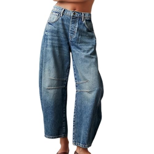 Barrel Jeans for Women Mid Rise Wide Leg Baggy Boyfriend Ankle Denim Pants