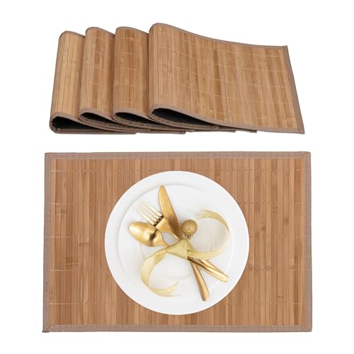 Relaxdays Set da 4 Tovagliette in bambù, Bordo in Tessuto, Sottopiatto Antiscivolo, 45x30 cm, Tovaglie Tavolo, Naturale, Poliestere