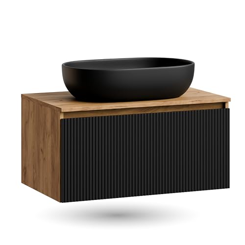 Planetmöbel Arisa Waschtisch mit Unterschrank 80 cm Gold Eiche schwarz (geriffelt) Waschbecken 60 cm schwarz inkl. Raumsparsiphon