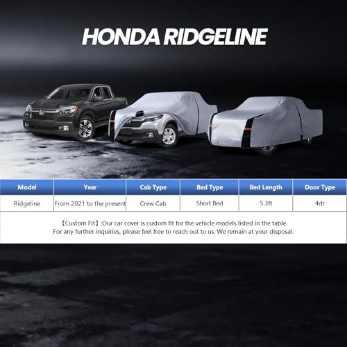Image of Multi-Layer Honda Ridgeline Truck Cover, Custom fit Ridgeline 2005-2026 Crew Cab Short Bed(5.3')Car Cover Waterproof All Weather, Full Exterior Cover Rain Wind Dust and UV Protection With Door Zipper