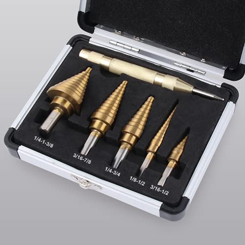 image for Yangoutool 5PCS Titanium Step Drill Bit Set with Automatic Center Punc