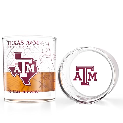 Image of Greenline Goods - University of Texas A&M Aggies College Whiskey Glasses (Set of 2), 10 oz - Full-Color Logo + Campus Map