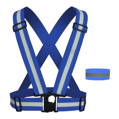 BEKKLPOU Gilet Catarifrangente, 1 Regolabile Gilet Riflettente e 1 Braccialetto Riflettente, Giubbotto di Sicurezza Riflettente, per attività all'aperto, Corsa, Ciclismo (Blu Reale)