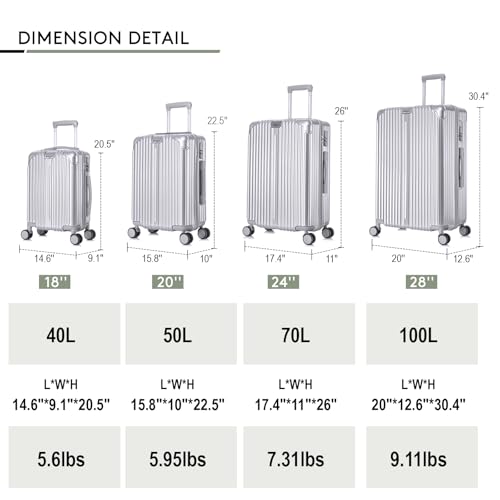 Apelila 4-Piece Vertical Stripe Luggage Set with TSA Lock, ABS+PC Hardshell Suitcase (16" 20" 24" 28") – Lightweight Spinner Wheel Carry-On & Checked Luggage (Sliver)