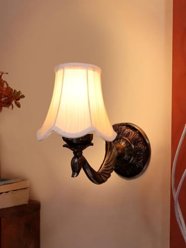 Devans Wall Mounted Lamp with Gold Antique Base (Off-White, Cotton Shade) | Hanging Lamp Light for Bedroom/Living Room Decoration, Home Decor | Modern Night Lamp Side Table (Rococo Art) (S1)