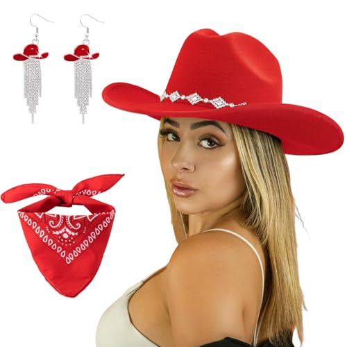JIANGLAI Western Cowgirl Hat for Women Men Fedora Wide Brim Rhinestone Cowboy Hat with Bandana and Cowgirl Tassels Earrings (Red One Size)