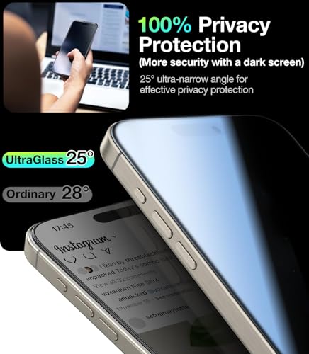 Image of UltraGlass Ultra TOP 9H+ Glass for iPhone 15 Privacy Screen Protector [Invisible Privacy Armor] Screen Protector 15 Tempered Full Coverage & Longest Durable 2 Packs