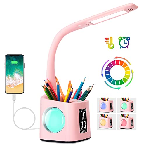 Lampe de Bureau LED, Lampe de Bureau Enfant avec Horloge, Réveil, Calendrier, Thermomètre, RGB et Porte-Stylo, Lumière Réglable Protégeant les Yeux, Lampe...