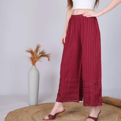 Image of VIVIKA Chikankari Palazzo Pants for Women |Rayon Wide Leg Ethnic Palazo with Embroidery | Comfortable Elastic Waist Women's Palazzo for Casual, Festive & Office Wear