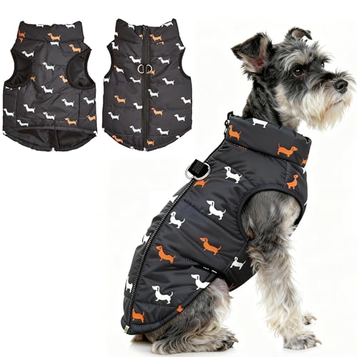 Asmea Hundemantel Winter Hundejacke Warme Hundemantel für Kleine Hunde Winddichte Hundeweste mit Geschirr Loch Schwach Wasserdicht Weihnachten Hundejacke für Chihuahua Dackel Schwarz XS