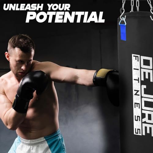 Image of De Jure Fitness Heavy Duty 3 Ft Punching Bag with Rust-Proof Stainless Steel Hanging Chain | Durable Polyurethane PU Fabric | Comfortable Recycled Filling | Boxing MMA, Kickboxing - Black-PU, 3 Ft