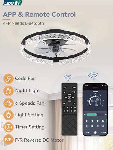 Image of LEDIARY 20 inch Low Profile Ceiling Fans with Lights, APP & Remote, Black