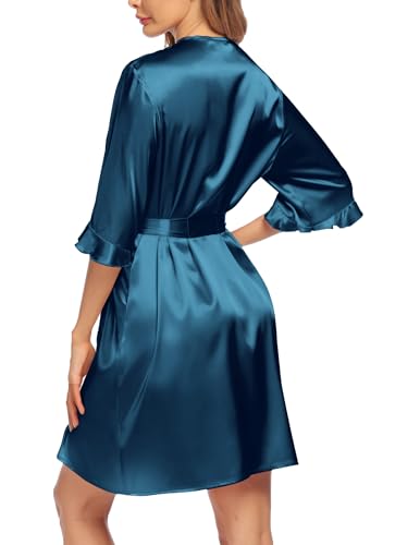 Image of Ekouaer Women's Satin Robe Valentines Lingerie for Women Kimono Bathrobe Short Ruffle Belted Robes Bridesmaids Sleepwear