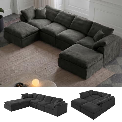 Image of Cloud Couch Sectional for Living Room, Modular U Shaped Boneless Sofa with Chaise, Compressed No Assembly Couch, Deep Seat Chenille Upholstered Convertible Sofa Bed(Jet Black)